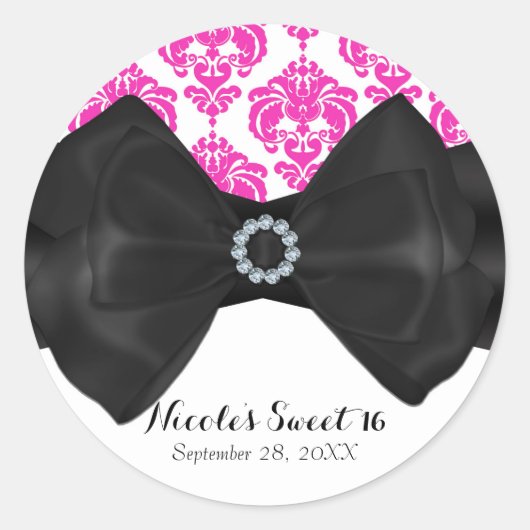Roze en witte Damask Black Bow Glam Sweet 16 Party Ronde Sticker (Voorkant)