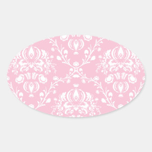 Roze en witte Damask Ovale Sticker