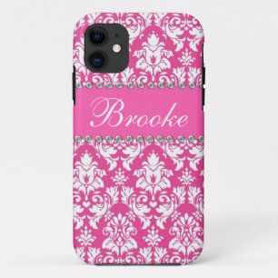 Roze en witte Damask Rhinestone Bling Name Hoesje