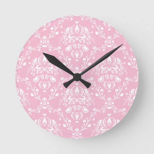 Roze en witte Damask Ronde Klok (Voorkant)