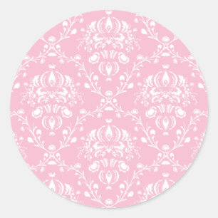 Roze en witte Damask Ronde Sticker
