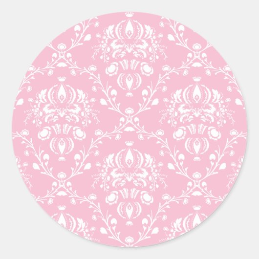 Roze en witte Damask Ronde Sticker (Voorkant)