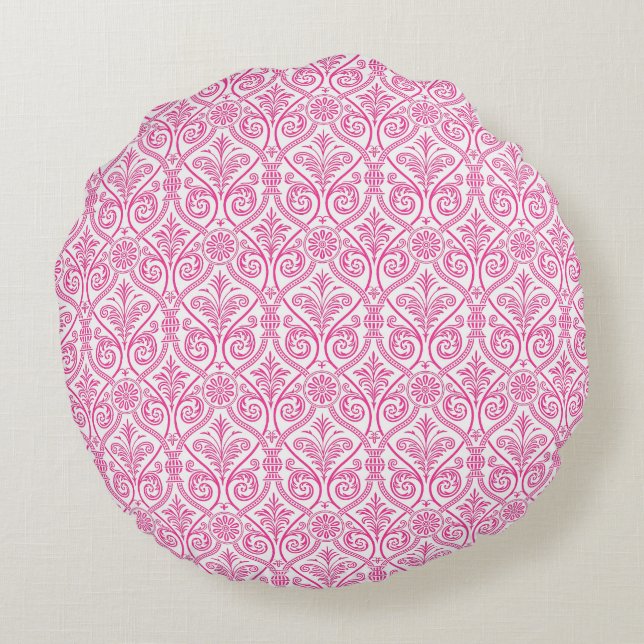 Roze en witte Damask Round Pillow Rond Kussen (Achterkant)