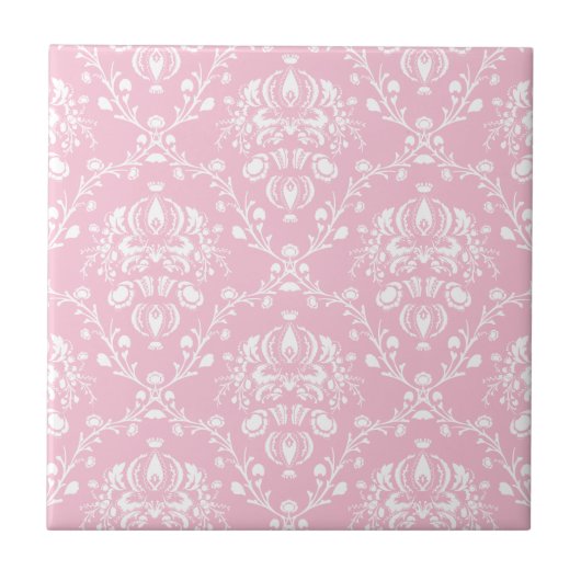 Roze en witte Damask Tegeltje (Voorkant)