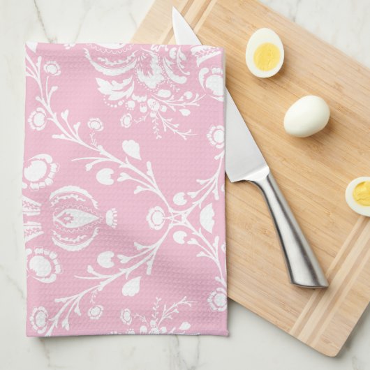 Roze en witte Damask Theedoek (Quarter Fold)