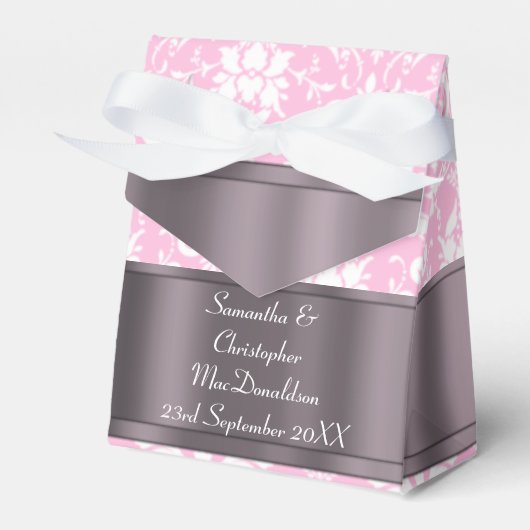 Roze en witte damast bruiloft bedankdoosjes (Voorkant Zijde)