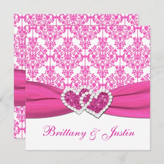 Roze en Witte Damast bruiloft uitnodiging (Voorkant / Achterkant)