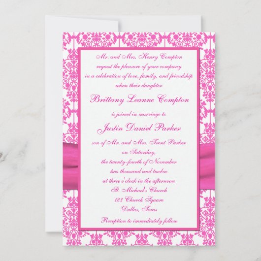 Roze en Witte Damast bruiloft uitnodiging 5x7 (Achterkant)