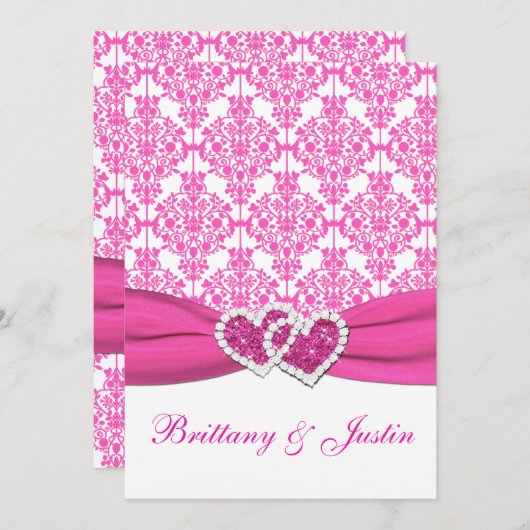 Roze en Witte Damast bruiloft uitnodiging 5x7 (Voorkant / Achterkant)