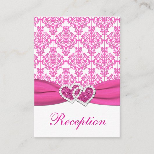 Roze en Witte Damast Gevoegde Harten Behuizing Kaa Informatiekaartje (Voorkant)