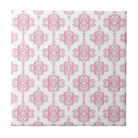Roze en Witte Damast Patroon Tegeltje (Voorkant)
