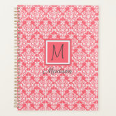 Roze en Witte Damast Trendy Monogram Planner (Voorkant)