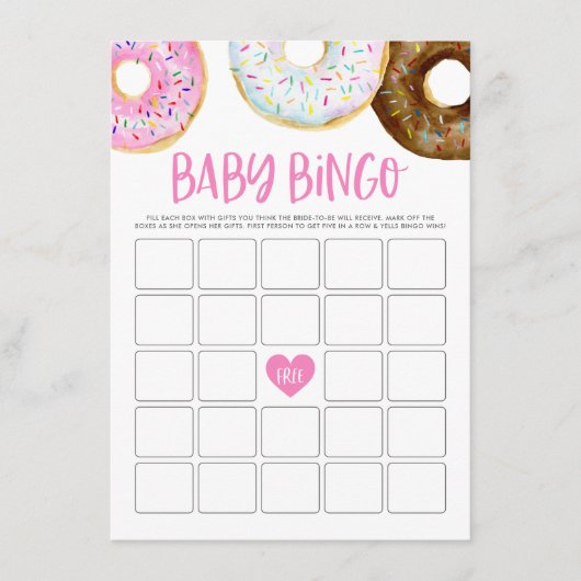 Roze en Witte Donuts Baby shower Bingo Game Kaart (Voorkant)
