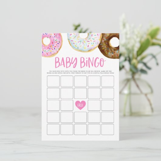 Roze en Witte Donuts Baby shower Bingo Game Kaart (Staand voorkant)