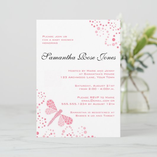 Roze en witte dragonfly Elegant Baby shower Kaart (Staand voorkant)