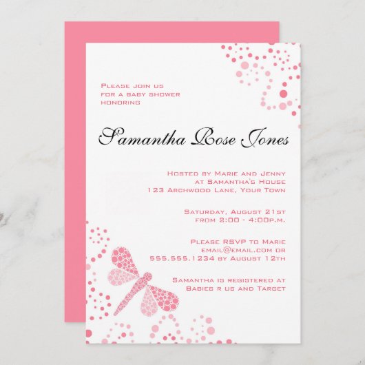 Roze en witte dragonfly Elegant Baby shower Kaart (Voorkant / Achterkant)