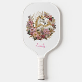 Roze en Witte Eenhoorn | Floral Modern Monogram Pickleball Paddle