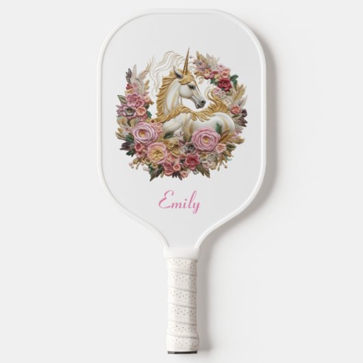 Roze en Witte Eenhoorn | Floral Modern Monogram Pickleball Paddle (Voorkant)