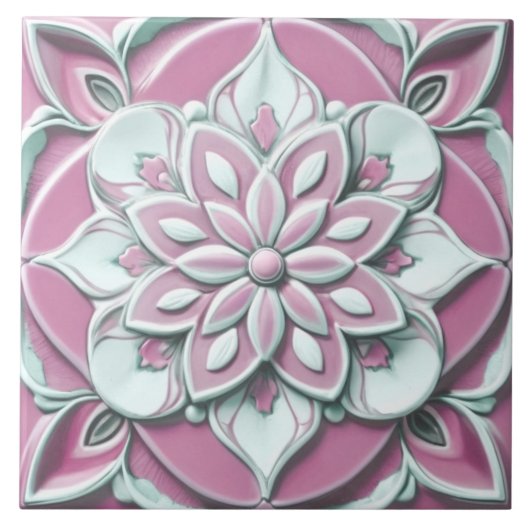 Roze en Witte Faux Relief Bloemen Tegeltje (Voorkant)