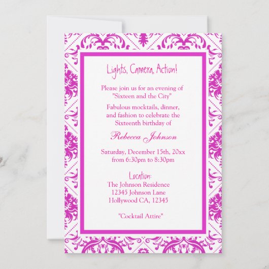 Roze en witte filmClapboard Sweet 16 nodigt uit Kaart (Achterkant)