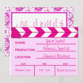 Roze en witte filmClapboard Sweet 16 nodigt uit Kaart (Voorkant / Achterkant)