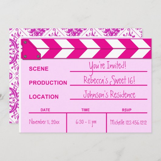 Roze en witte filmClapboard Sweet 16 nodigt uit Kaart (Voorkant / Achterkant)