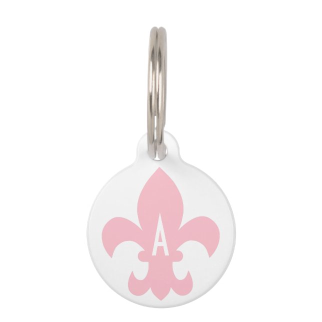Roze en witte Fleur de Lis Monogram Huisdierpenning (Voorkant)