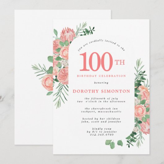 Roze en witte Floral 100e verjaardag Kaart (Voorkant / Achterkant)