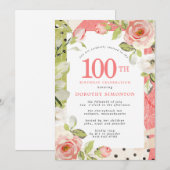 Roze en Witte Floral 100e verjaardag uitnodiging (Voorkant / Achterkant)