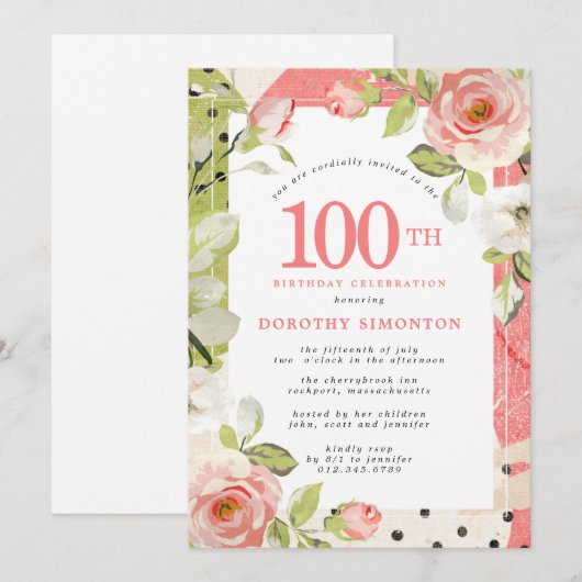 Roze en Witte Floral 100e verjaardag uitnodiging (Voorkant / Achterkant)