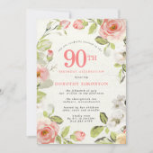 Roze en witte Floral 90th Birthday Kaart (Voorkant)