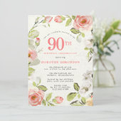 Roze en witte Floral 90th Birthday Kaart (Staand voorkant)