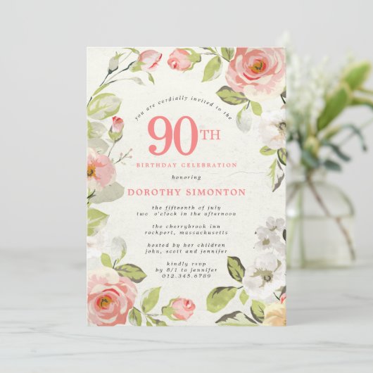 Roze en witte Floral 90th Birthday Kaart (Staand voorkant)