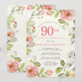 Roze en witte Floral 90th Birthday Kaart (Voorkant / Achterkant)