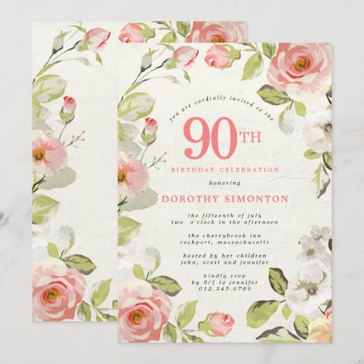 Roze en witte Floral 90th Birthday Kaart (Voorkant / Achterkant)