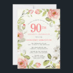 Roze en witte Floral 90th Birthday Kaart<br><div class="desc">Mooie roze en witte bloemen worden in groene bladeren geplukt. De 90ste staat in grote roze cijfers. De tekst wordt omgeven door een gedurfd en modern lijst.</div>