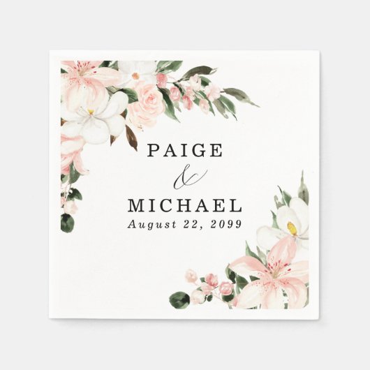 Roze en witte Floral Aangepaste bruiloft Servet (Voorkant)