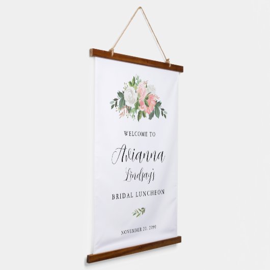 Roze en Witte Floral Bridal Luncheon Welkom Hangend Wandkleed (Gebogen)