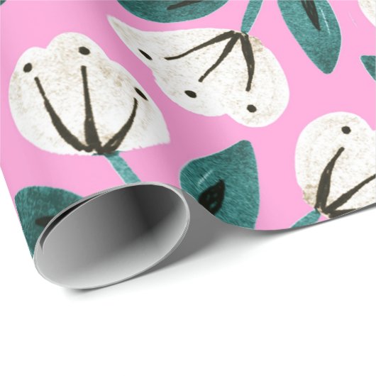 Roze en witte Floral Cadeaupapier (Rol Hoek)