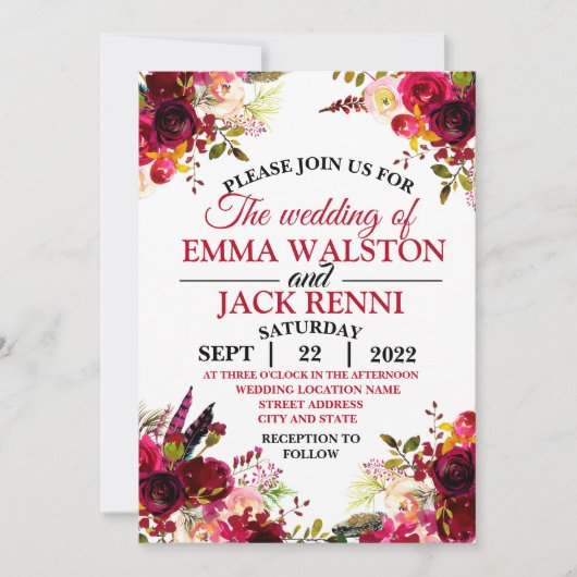 Roze en Witte Floral Greenery Wedding Invitation Kaart (Voorkant)