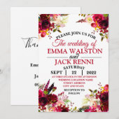 Roze en Witte Floral Greenery Wedding Invitation Kaart (Voorkant / Achterkant)