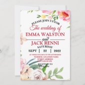 Roze en Witte Floral Greenery Wedding Invitation Kaart (Voorkant)
