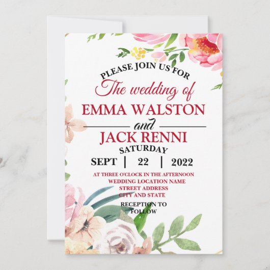 Roze en Witte Floral Greenery Wedding Invitation Kaart (Voorkant)