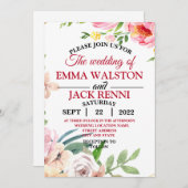 Roze en Witte Floral Greenery Wedding Invitation Kaart (Voorkant / Achterkant)