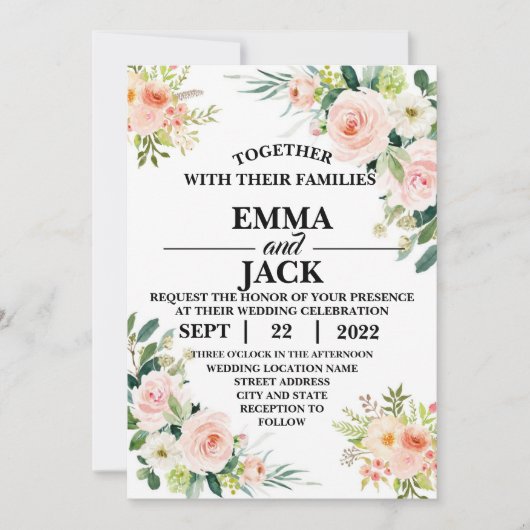 Roze en Witte Floral Greenery Wedding Invitation Kaart (Voorkant)