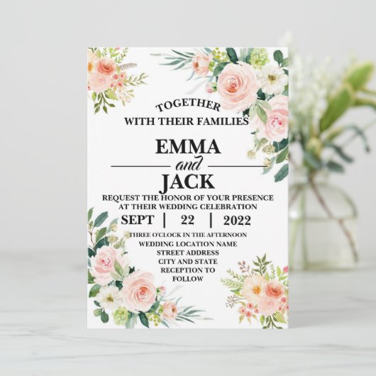 Roze en Witte Floral Greenery Wedding Invitation Kaart (Staand voorkant)