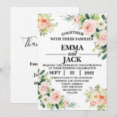 Roze en Witte Floral Greenery Wedding Invitation Kaart (Voorkant / Achterkant)
