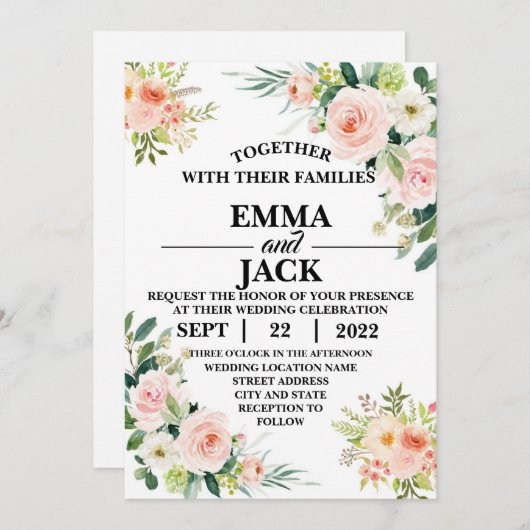 Roze en Witte Floral Greenery Wedding Invitation Kaart (Voorkant / Achterkant)