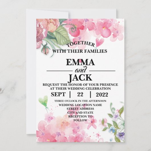 Roze en Witte Floral Greenery Wedding Invitation Kaart (Voorkant)