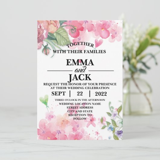 Roze en Witte Floral Greenery Wedding Invitation Kaart (Staand voorkant)